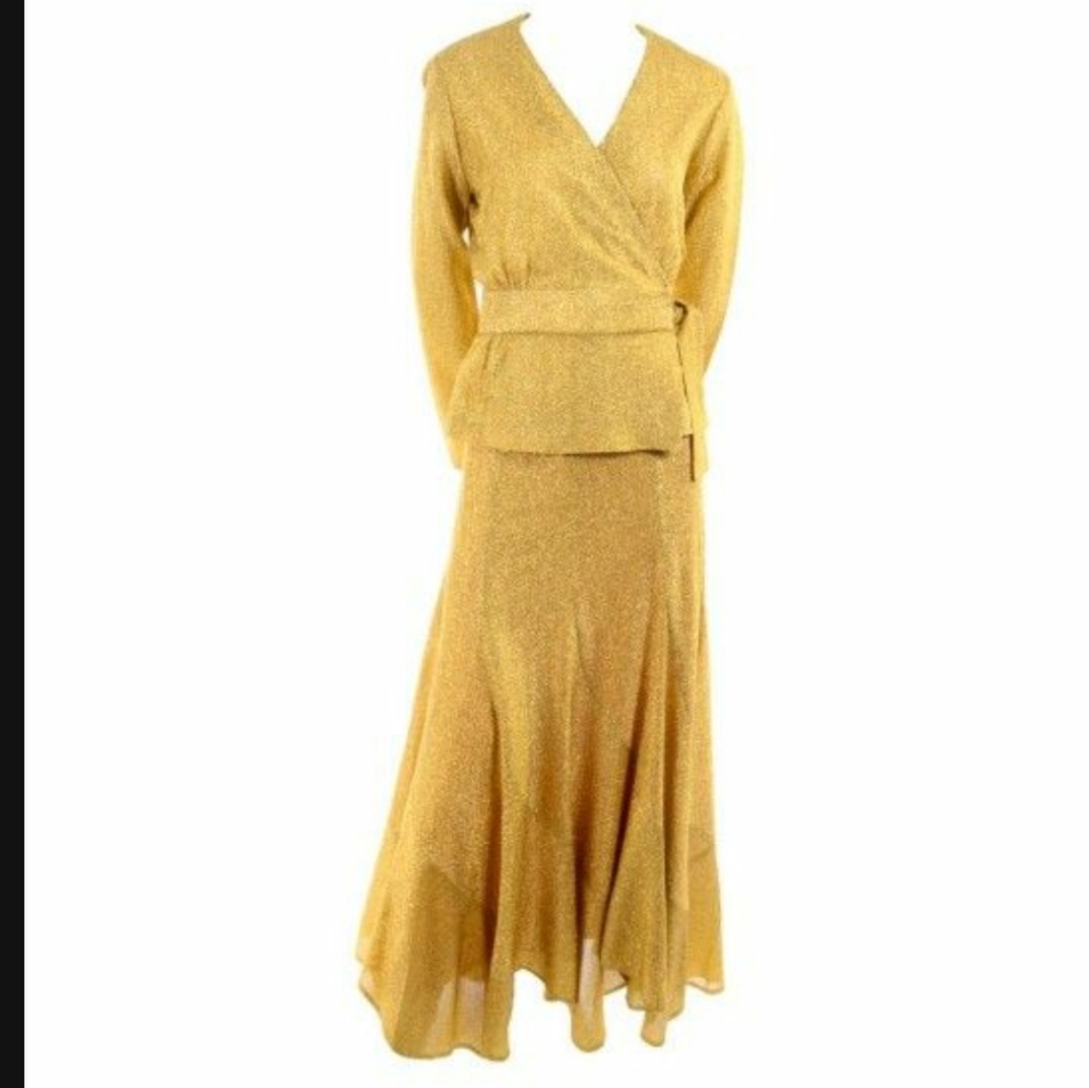 Beverly Paige Gold Lurex Evening Dress 2 pc With Long Bias Cut Skirt, 1970s